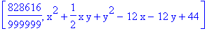 [828616/999999, x^2+1/2*x*y+y^2-12*x-12*y+44]